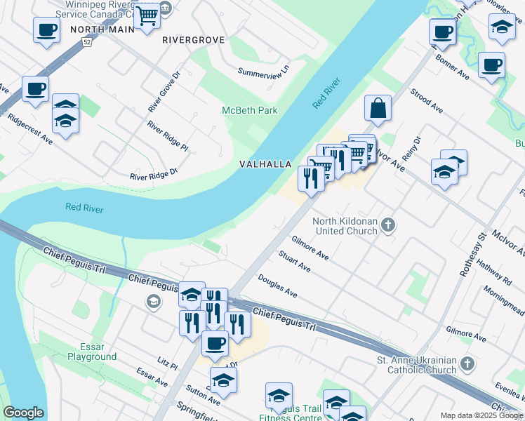 map of restaurants, bars, coffee shops, grocery stores, and more near in Winnipeg