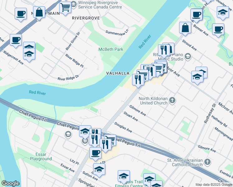 map of restaurants, bars, coffee shops, grocery stores, and more near 1650 Henderson Highway in Winnipeg