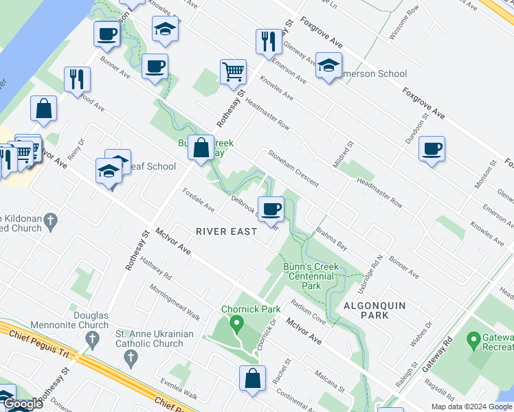 map of restaurants, bars, coffee shops, grocery stores, and more near 51 Delbrook Crescent in Winnipeg