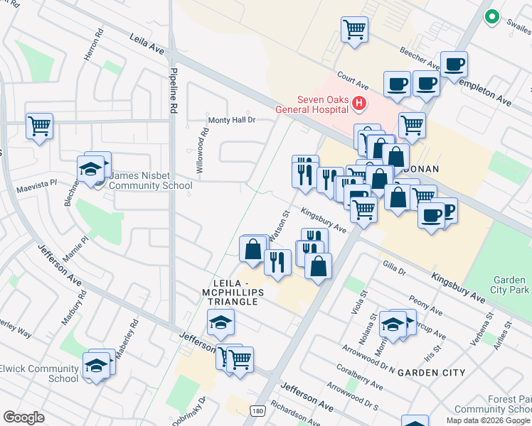 map of restaurants, bars, coffee shops, grocery stores, and more near 177 Watson Street in Winnipeg