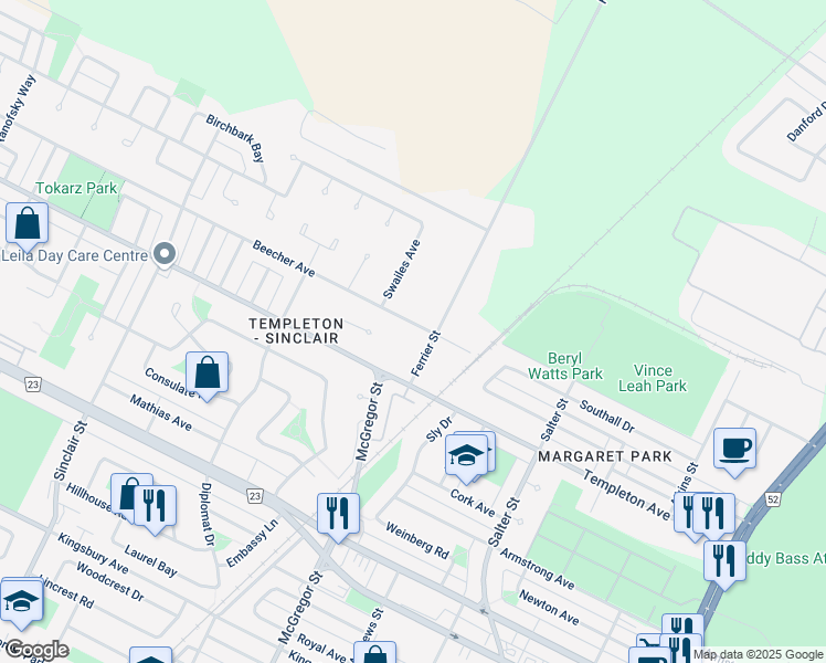 map of restaurants, bars, coffee shops, grocery stores, and more near 580 Beecher Avenue in Winnipeg