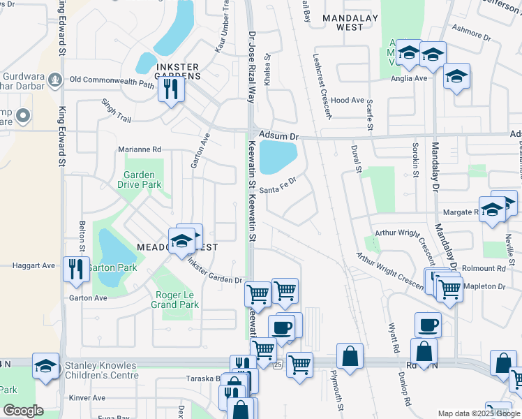 map of restaurants, bars, coffee shops, grocery stores, and more near 22 Sedona Crescent in Winnipeg