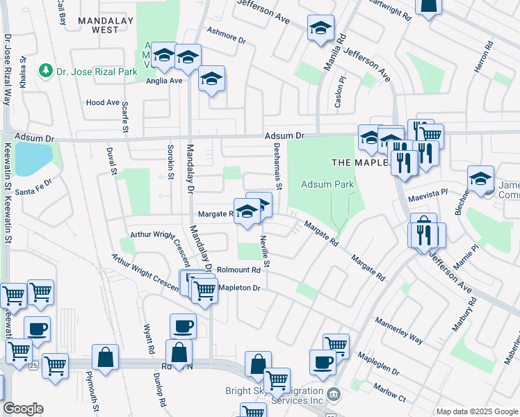 map of restaurants, bars, coffee shops, grocery stores, and more near 151 Margate Road in Winnipeg