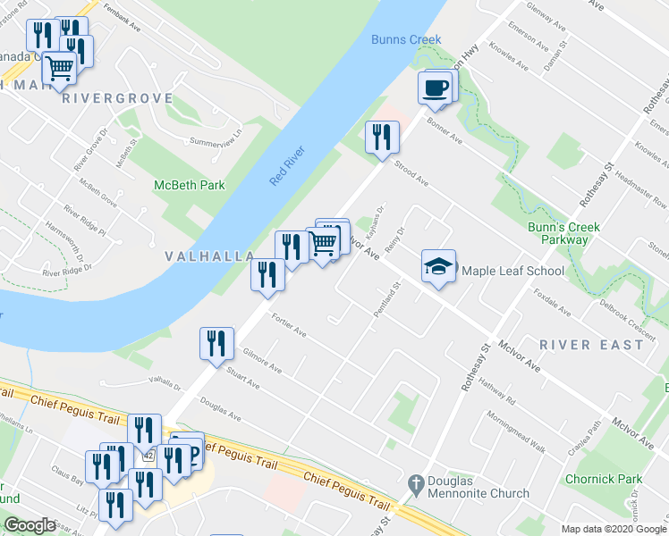 map of restaurants, bars, coffee shops, grocery stores, and more near 1795 Henderson Highway in Winnipeg