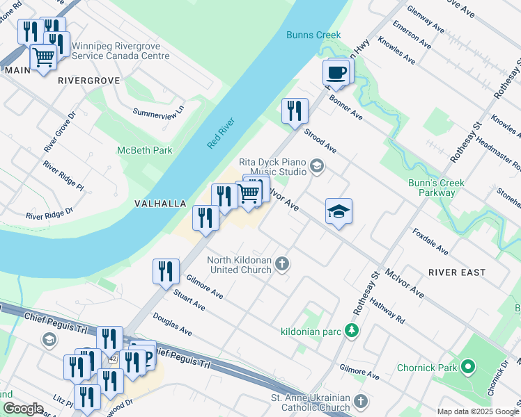 map of restaurants, bars, coffee shops, grocery stores, and more near 1795 Henderson Highway in Winnipeg