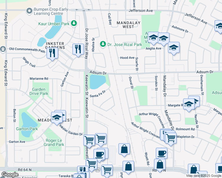 map of restaurants, bars, coffee shops, grocery stores, and more near 74 Santa Fe Drive in Winnipeg