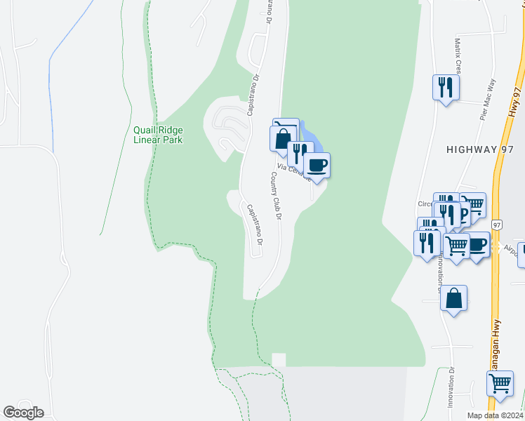 map of restaurants, bars, coffee shops, grocery stores, and more near 1805 Capistrano Drive in Kelowna