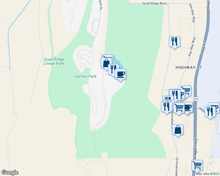 map of restaurants, bars, coffee shops, grocery stores, and more near 1875 Country Club Drive in Kelowna
