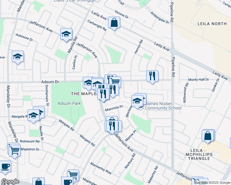 map of restaurants, bars, coffee shops, grocery stores, and more near 1303 Jefferson Avenue in Winnipeg