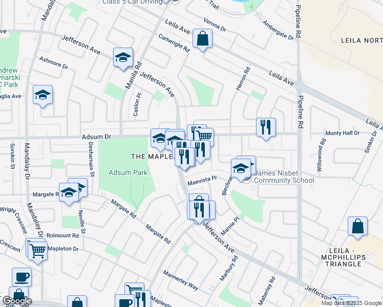 map of restaurants, bars, coffee shops, grocery stores, and more near 1303 Jefferson Avenue in Winnipeg