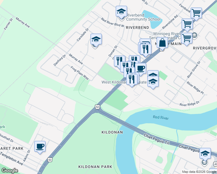 map of restaurants, bars, coffee shops, grocery stores, and more near 2360 Main Street in Winnipeg