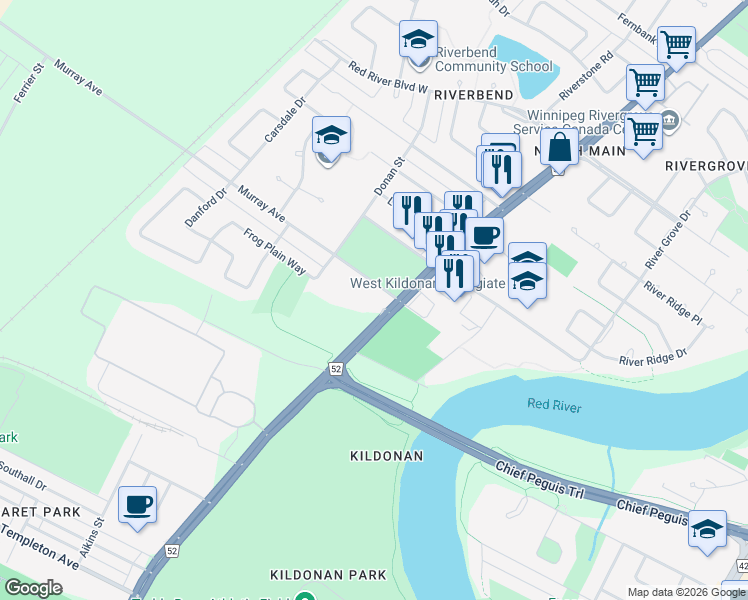 map of restaurants, bars, coffee shops, grocery stores, and more near 2360 Main Street in Winnipeg