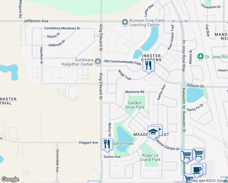 map of restaurants, bars, coffee shops, grocery stores, and more near 29 Meadowland Drive in Winnipeg