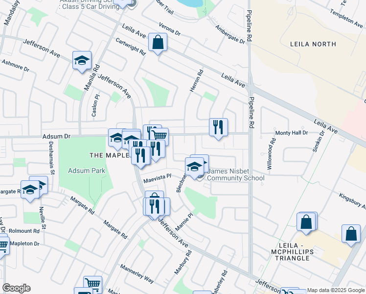 map of restaurants, bars, coffee shops, grocery stores, and more near 48 Herron Road in Winnipeg