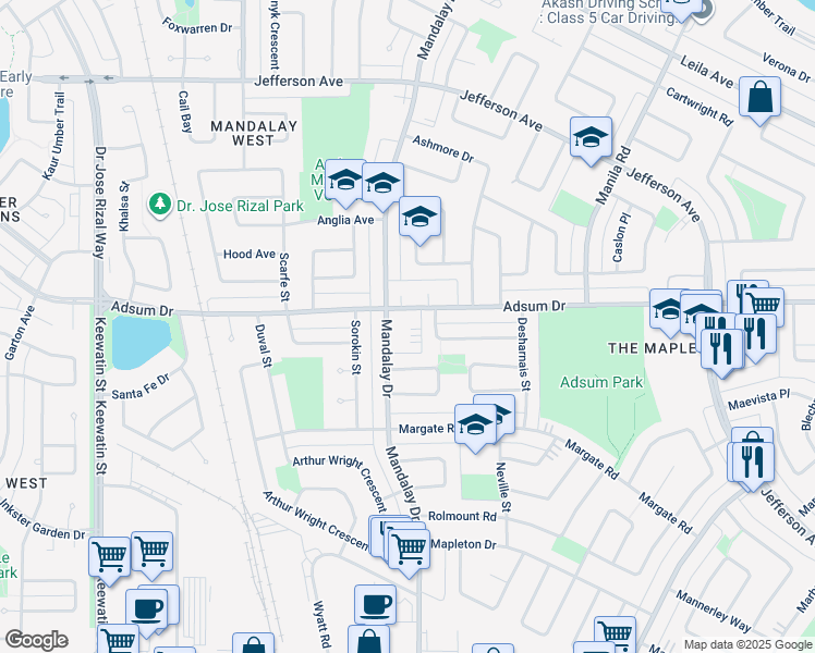map of restaurants, bars, coffee shops, grocery stores, and more near 305 Mandalay Drive in Winnipeg