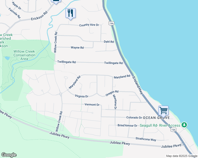 map of restaurants, bars, coffee shops, grocery stores, and more near 196 Oregon Road in Campbell River