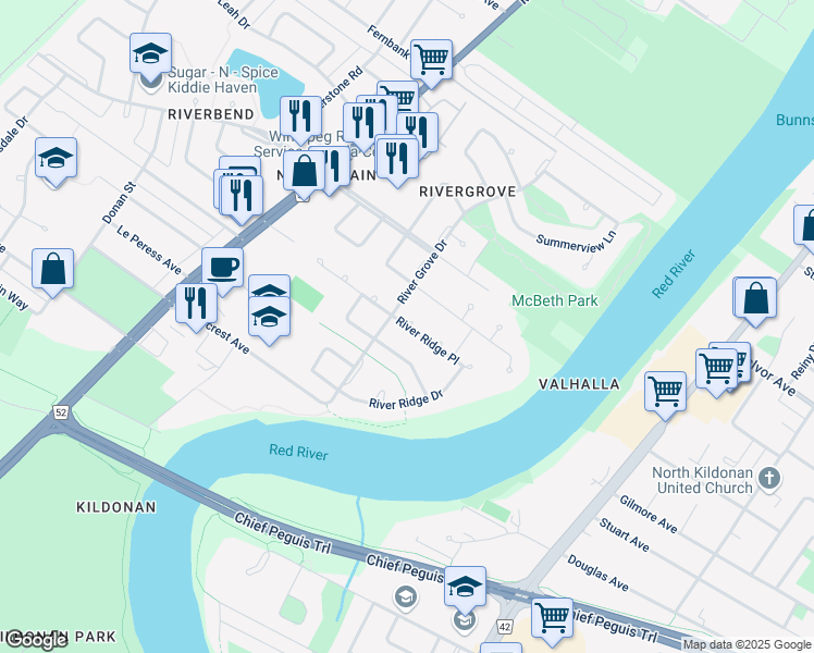 map of restaurants, bars, coffee shops, grocery stores, and more near 11 River Ridge Place in Winnipeg