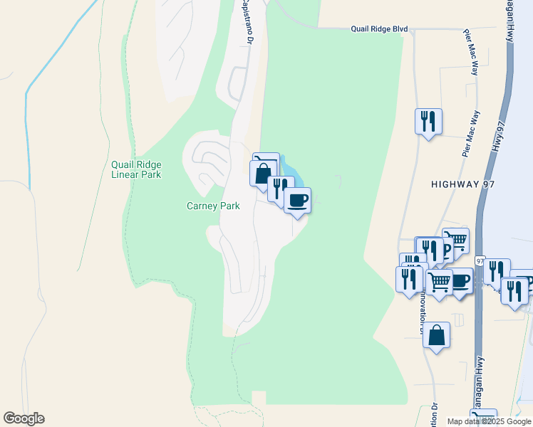 map of restaurants, bars, coffee shops, grocery stores, and more near 1875 Country Club Drive in Kelowna