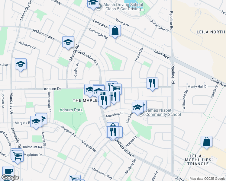 map of restaurants, bars, coffee shops, grocery stores, and more near 320 Adsum Drive in Winnipeg