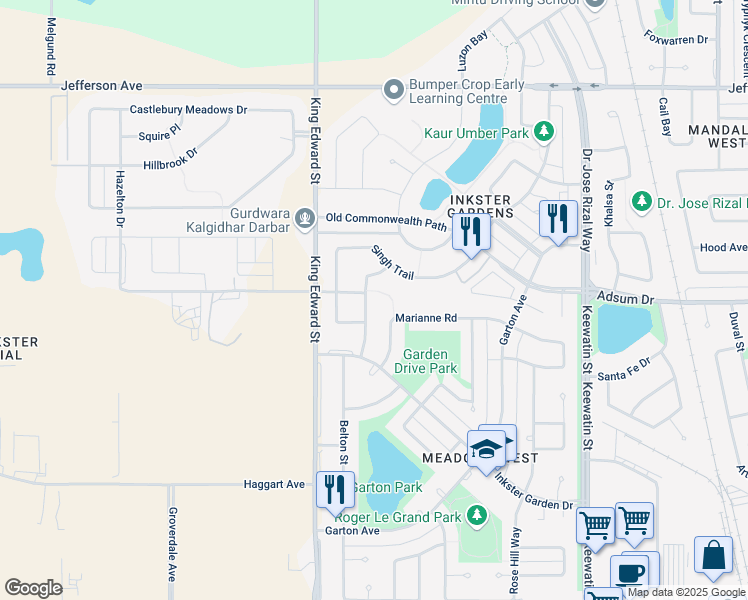 map of restaurants, bars, coffee shops, grocery stores, and more near 42 Meadowland Drive in Winnipeg
