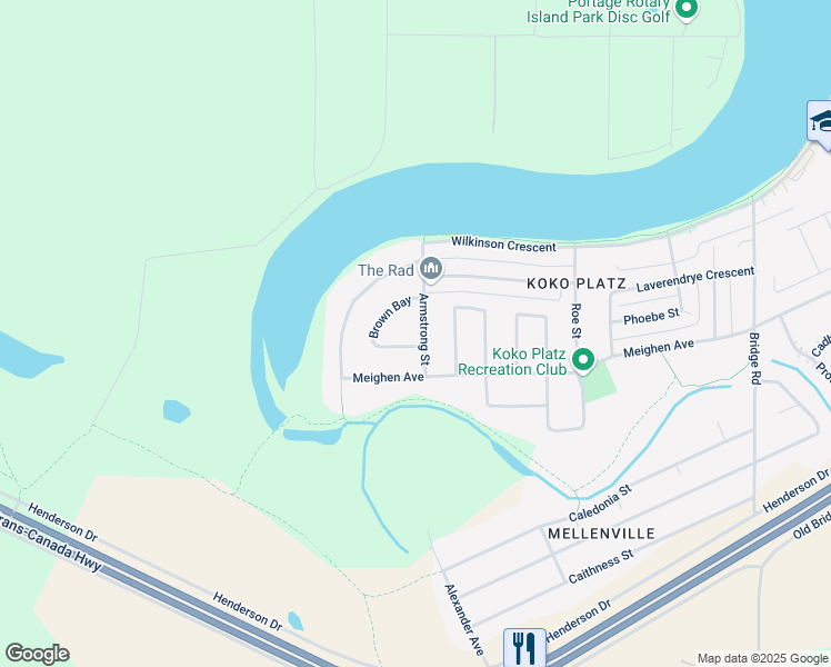 map of restaurants, bars, coffee shops, grocery stores, and more near 51 Armstrong Street in Portage la Prairie