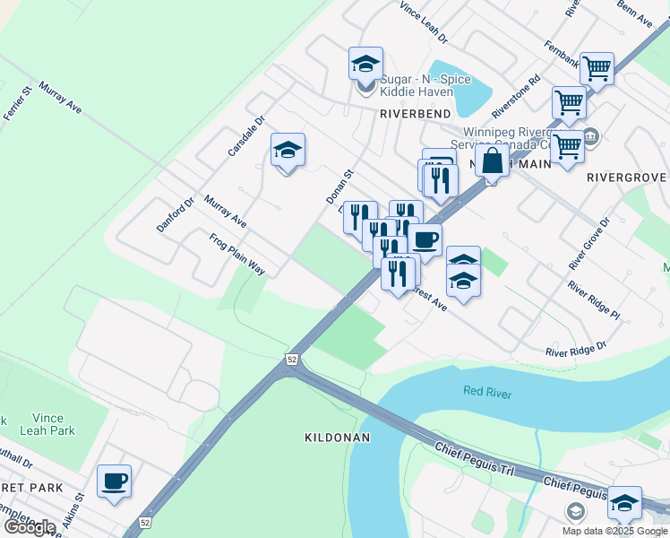 map of restaurants, bars, coffee shops, grocery stores, and more near 293 Murray Avenue in Winnipeg