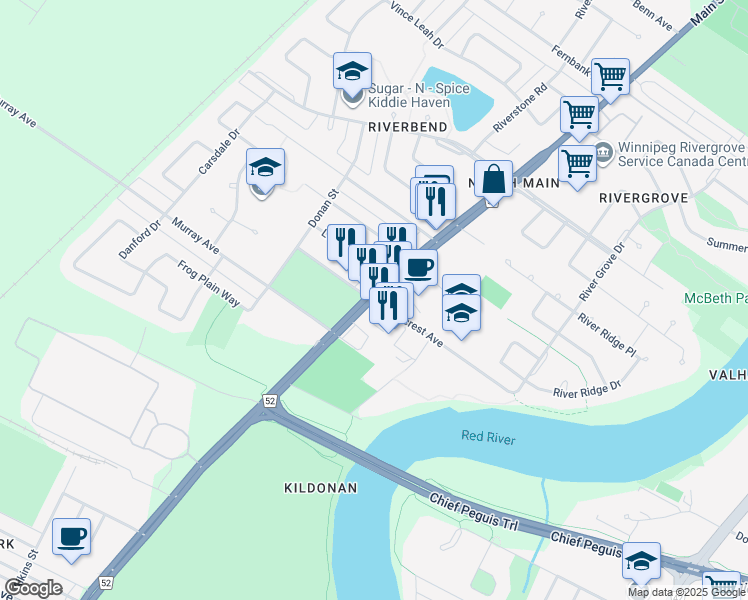 map of restaurants, bars, coffee shops, grocery stores, and more near 2425 Main Street in Winnipeg