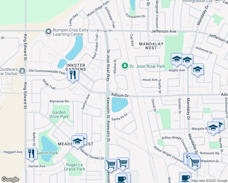 map of restaurants, bars, coffee shops, grocery stores, and more near 835 Adsum Drive in Winnipeg