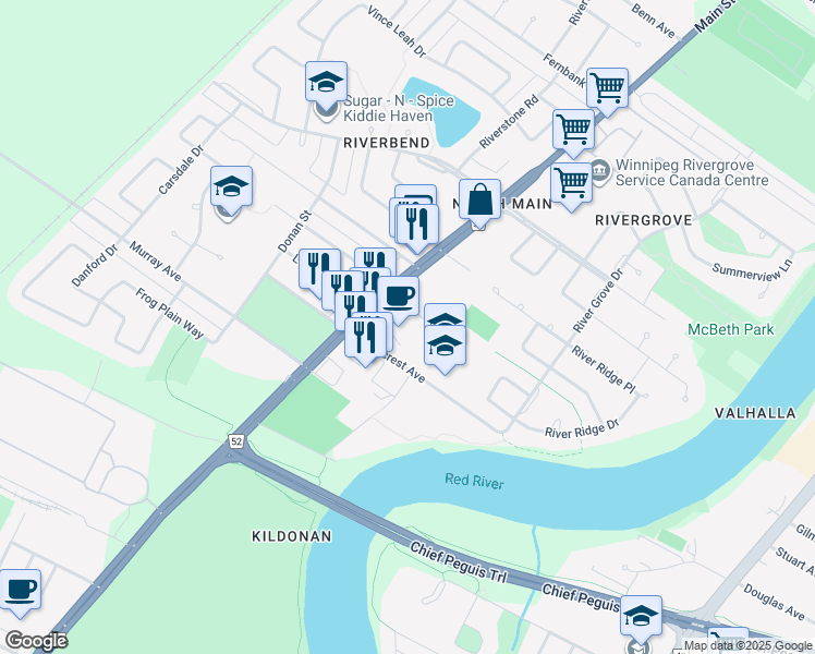 map of restaurants, bars, coffee shops, grocery stores, and more near 2445 Main Street in Winnipeg