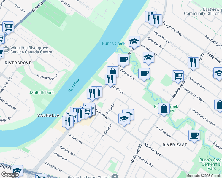map of restaurants, bars, coffee shops, grocery stores, and more near 1919 Henderson Highway in Winnipeg