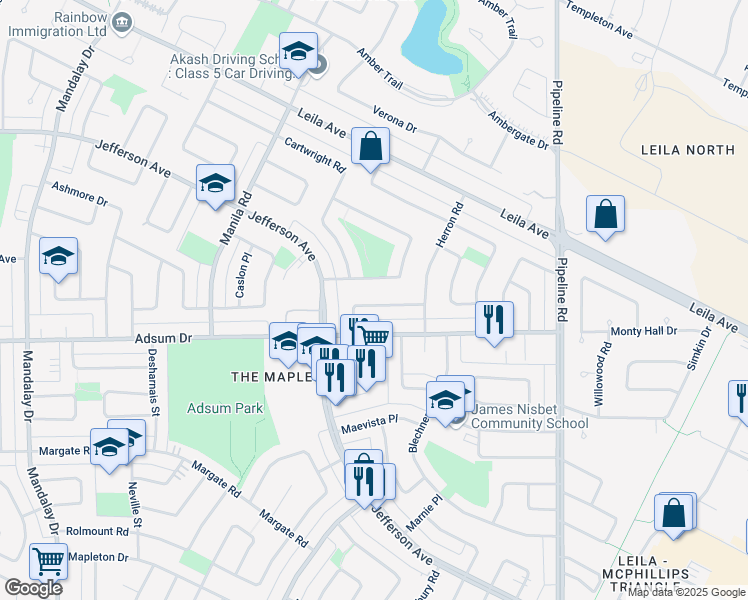 map of restaurants, bars, coffee shops, grocery stores, and more near 39 Mankato Crescent in Winnipeg