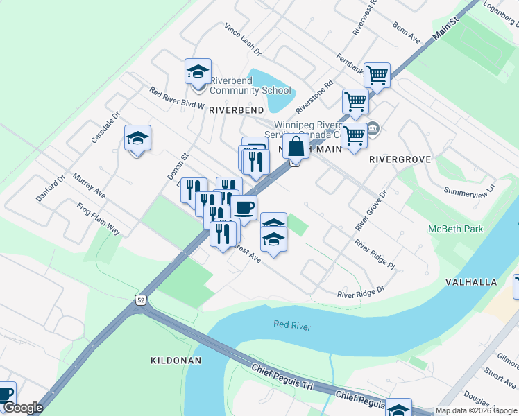 map of restaurants, bars, coffee shops, grocery stores, and more near 2475 Main Street in Winnipeg