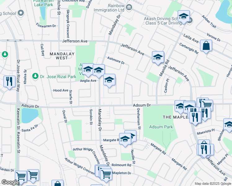map of restaurants, bars, coffee shops, grocery stores, and more near Piney Crescent in Winnipeg