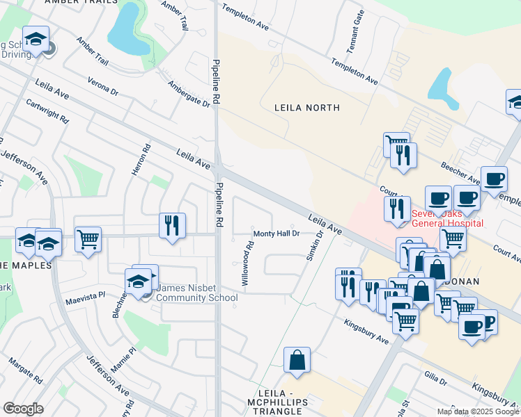 map of restaurants, bars, coffee shops, grocery stores, and more near 36 Oakhurst Crescent in Winnipeg