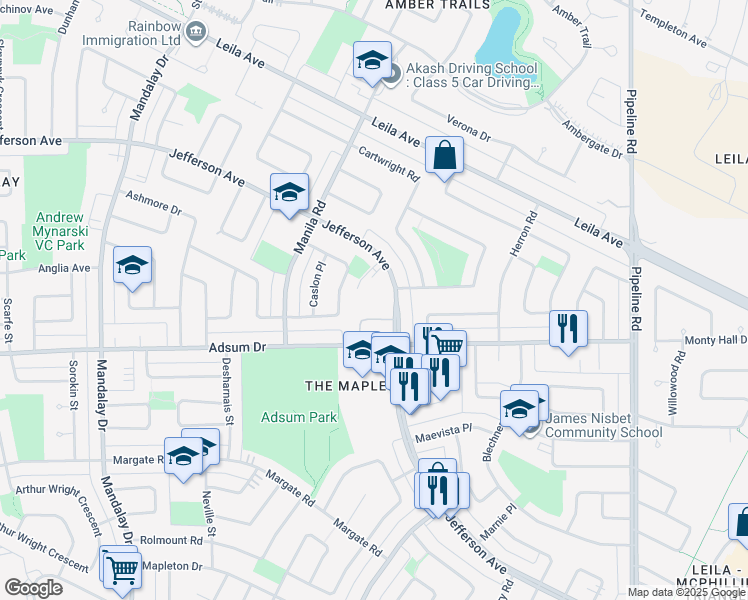 map of restaurants, bars, coffee shops, grocery stores, and more near 1448 Jefferson Avenue in Winnipeg