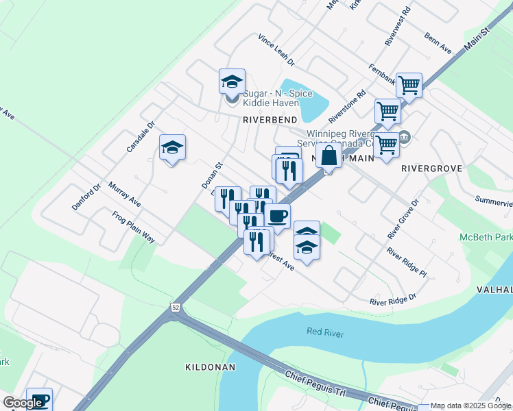map of restaurants, bars, coffee shops, grocery stores, and more near 264 Park Manor Boulevard in Winnipeg