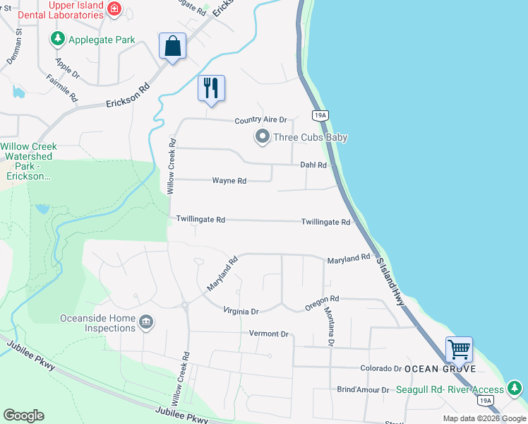 map of restaurants, bars, coffee shops, grocery stores, and more near 221 Twillingate Road in Campbell River