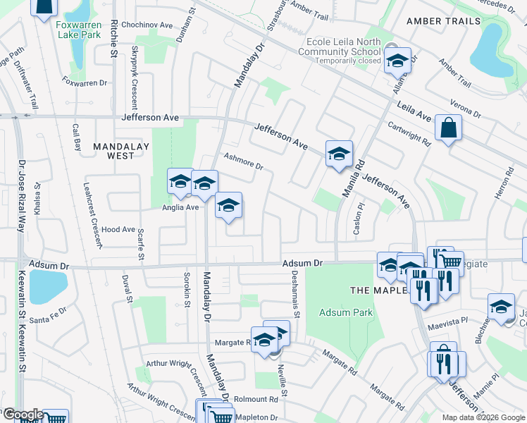 map of restaurants, bars, coffee shops, grocery stores, and more near Ashmore Drive in Winnipeg