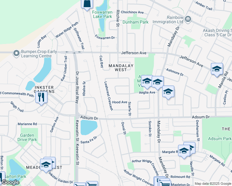 map of restaurants, bars, coffee shops, grocery stores, and more near 34 Baker Bay in Winnipeg