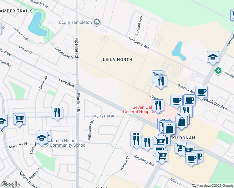 map of restaurants, bars, coffee shops, grocery stores, and more near 1175 Leila Avenue in Winnipeg