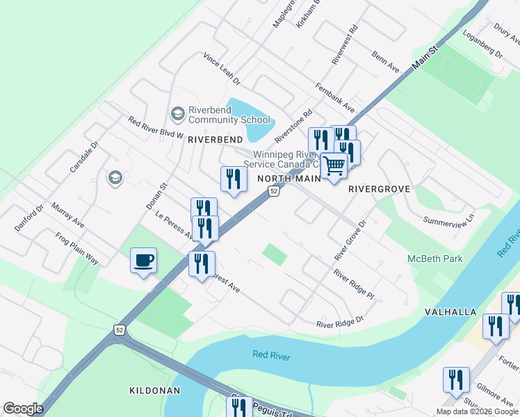 map of restaurants, bars, coffee shops, grocery stores, and more near in Winnipeg