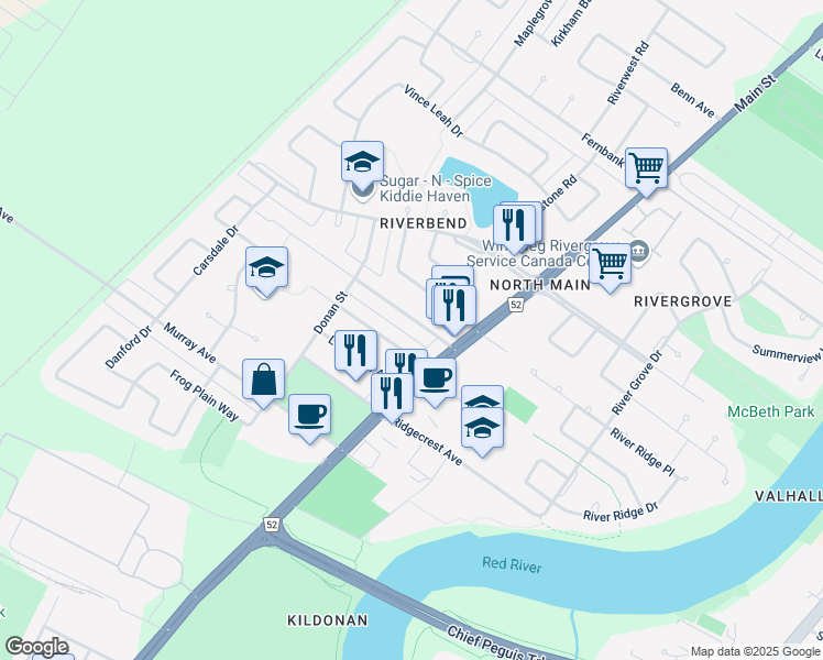 map of restaurants, bars, coffee shops, grocery stores, and more near 282 Woodbine Avenue in Winnipeg