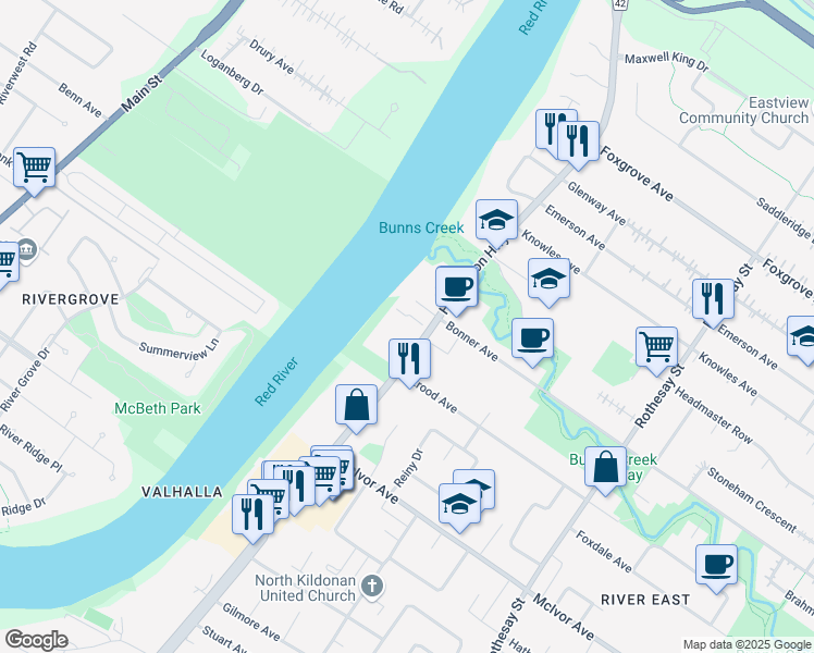 map of restaurants, bars, coffee shops, grocery stores, and more near 1970 Henderson Highway in Winnipeg