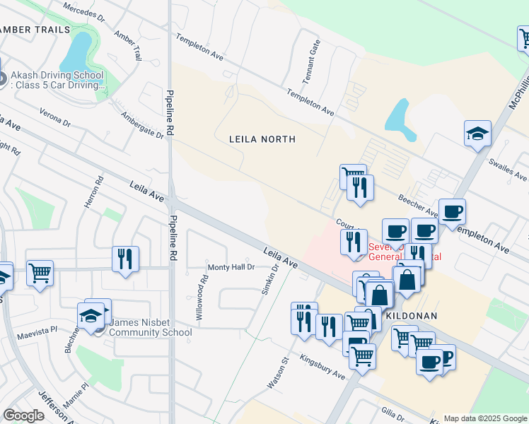 map of restaurants, bars, coffee shops, grocery stores, and more near 1185 Leila Avenue in Winnipeg