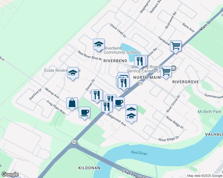 map of restaurants, bars, coffee shops, grocery stores, and more near 282 Woodbine Avenue in Winnipeg