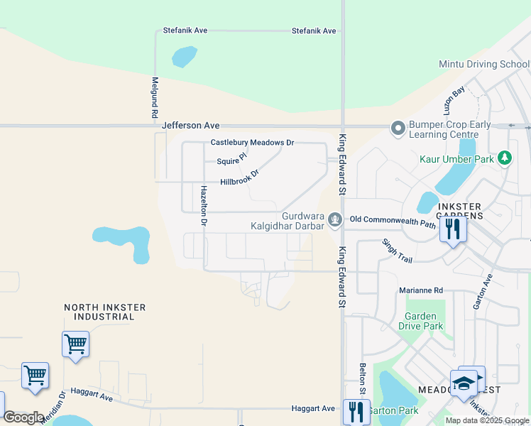 map of restaurants, bars, coffee shops, grocery stores, and more near Castlebury Meadows Drive in Winnipeg