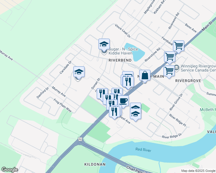 map of restaurants, bars, coffee shops, grocery stores, and more near 293 Park Manor Boulevard in Winnipeg