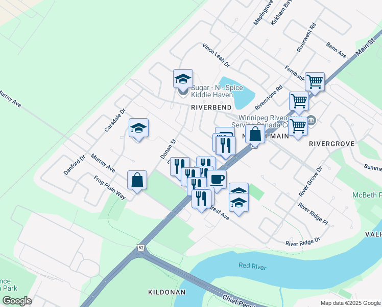 map of restaurants, bars, coffee shops, grocery stores, and more near 293 Park Manor Boulevard in Winnipeg