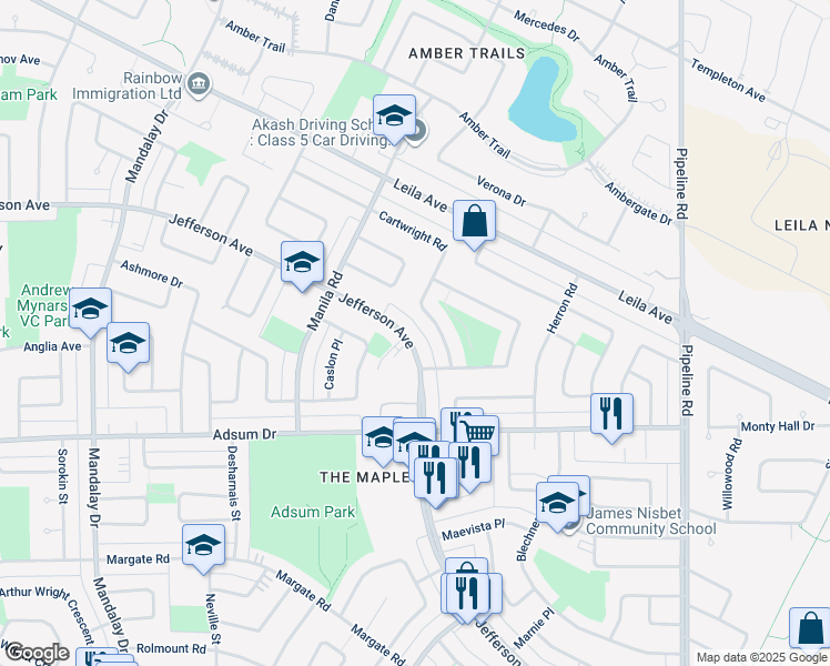 map of restaurants, bars, coffee shops, grocery stores, and more near 1445 Jefferson Avenue in Winnipeg
