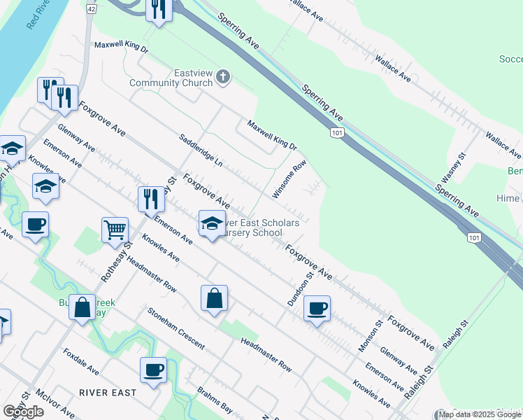 map of restaurants, bars, coffee shops, grocery stores, and more near 427 Foxgrove Avenue in East Saint Paul